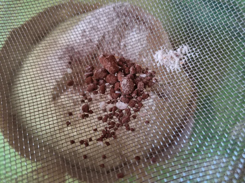 E' importante setacciare i secchi sia per dare aria sia per evitare i grumi, come ad esempio questi di cacao